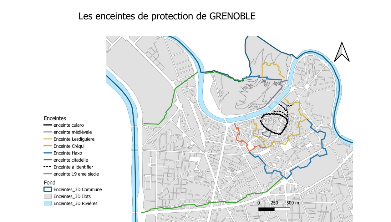 Les enceintes de Grenoble. Reconstitution des enceintes de protection au fil du temps